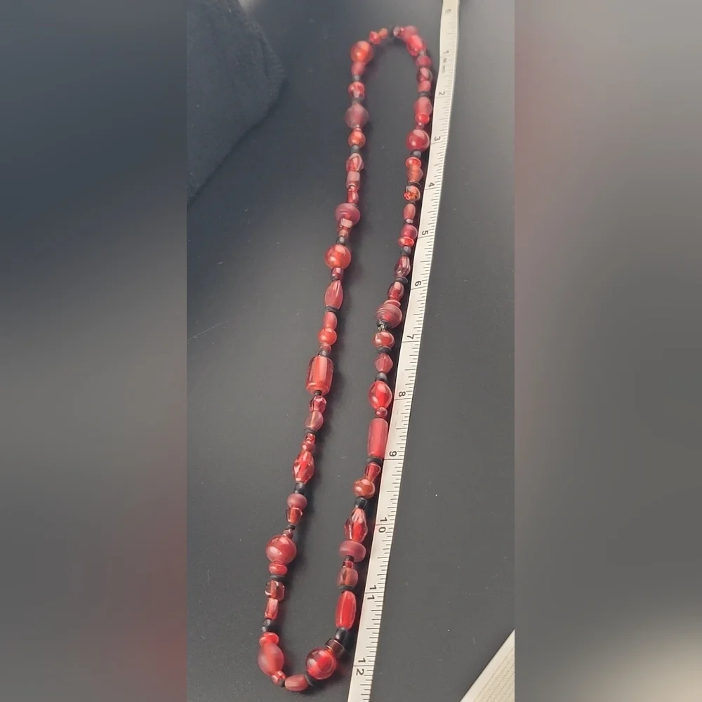 Vintage Red Glass & Wooden Beaded Necklace Single Stand-Stretchy